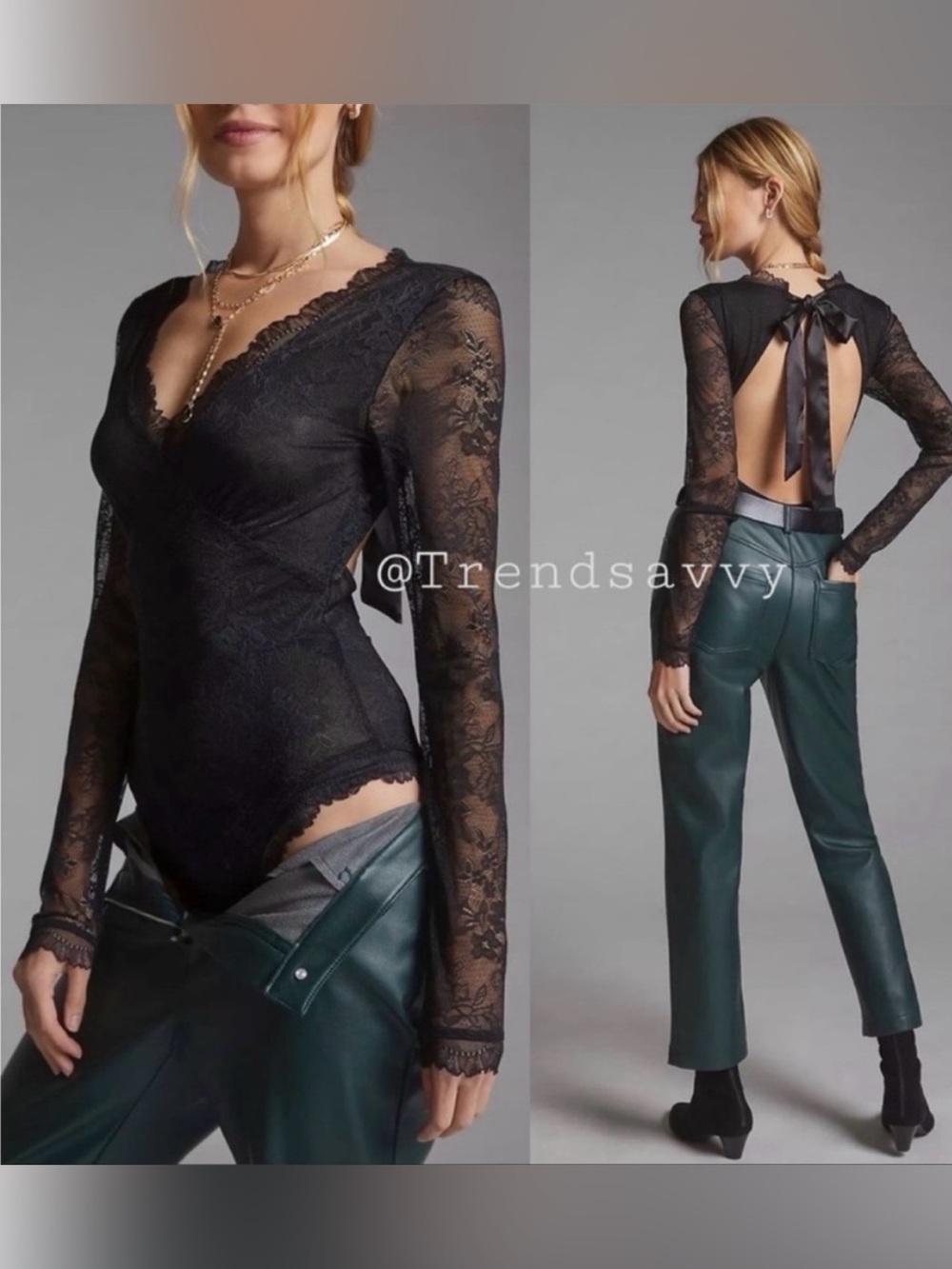 Anthropologies Black Floral Lace Open Back Bow Bodysuit Long Sleeve Evening Top